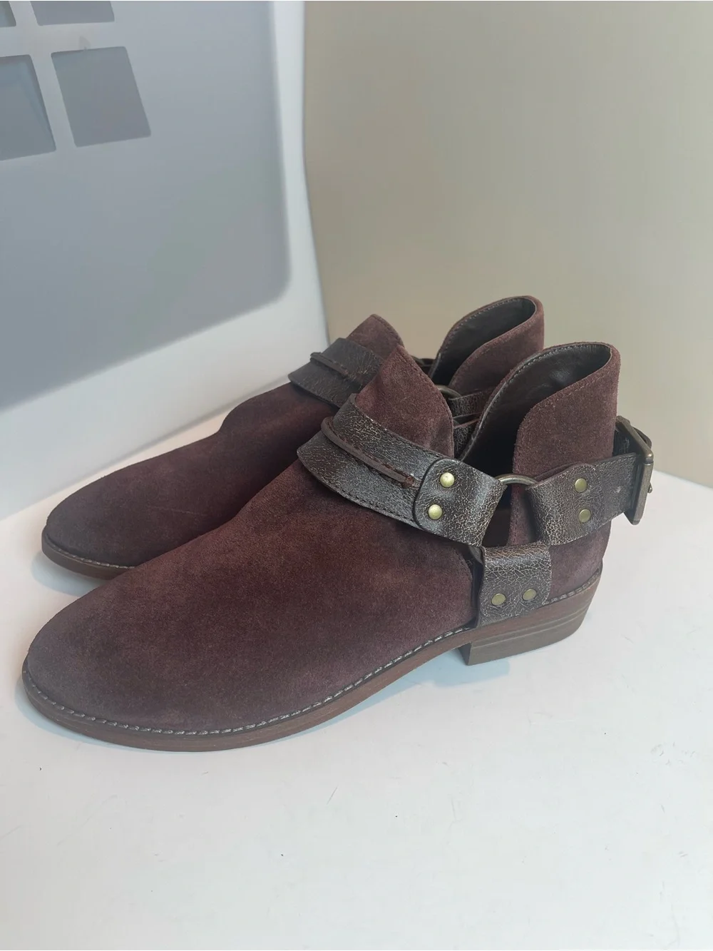 Free People Belle Harness Boots Brown Suede Leather Ankle Booties Buckle Size 8